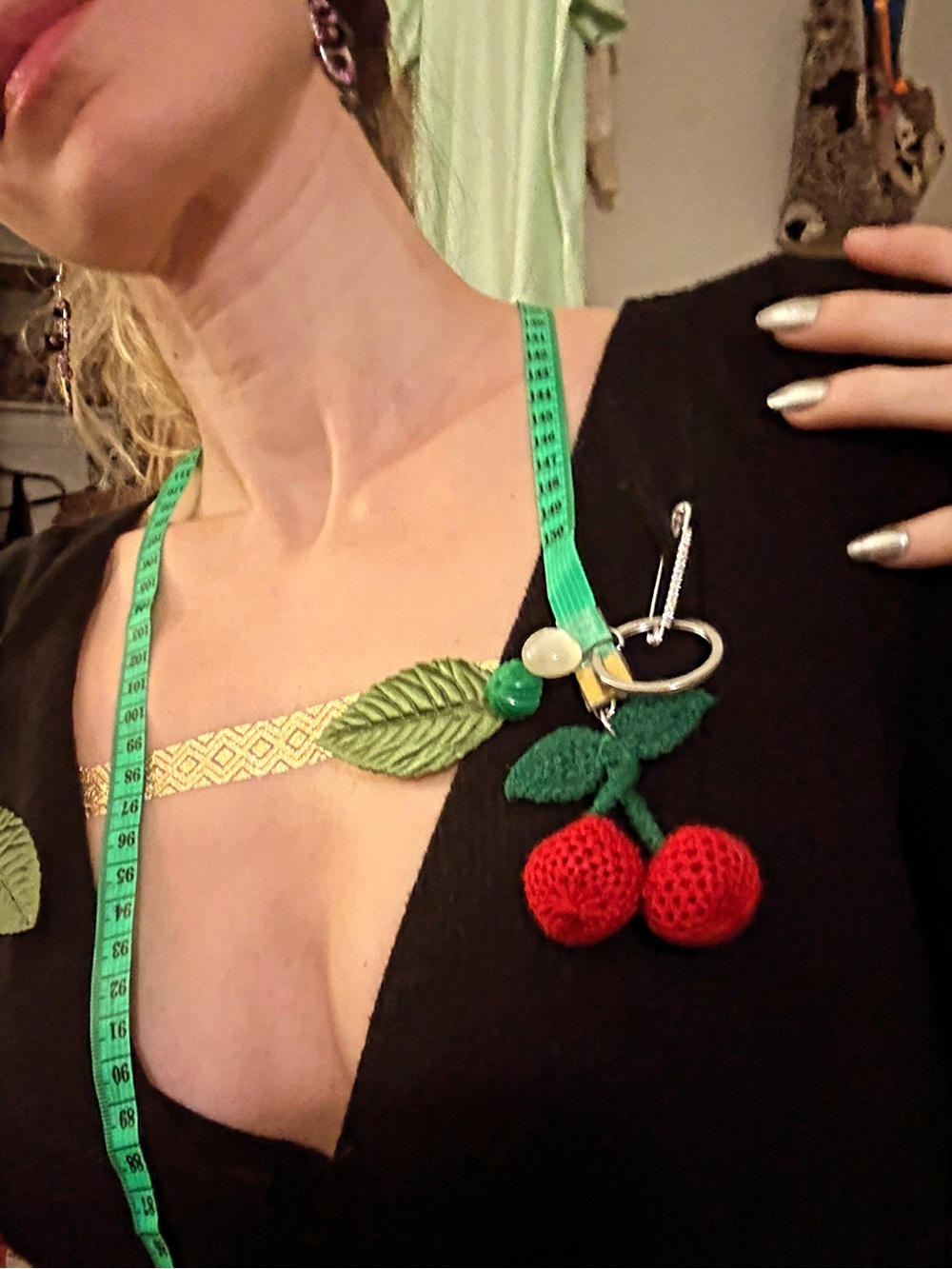 Handmade Cherry Crochet Brooch Pin in Red and Green